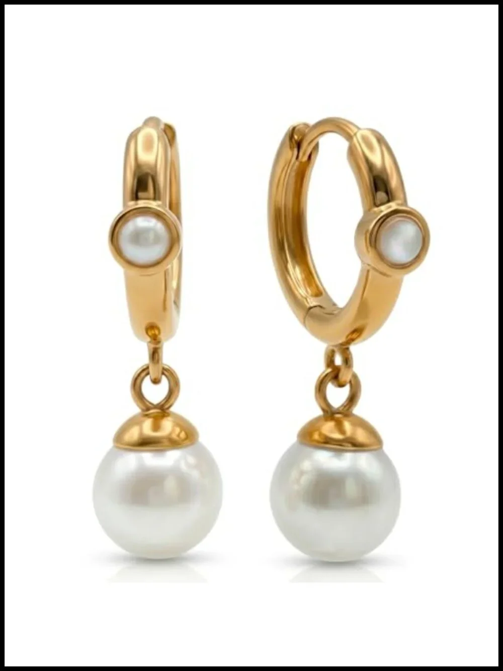 8mm Shell Pearl Drop Huggie Hoop Earrings 18K Gold Plated Surgical Steel